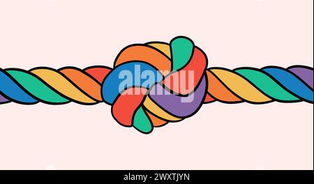 A coarse rope in the colors of the LGBT flag with a knot tied in the middle on an isolated background. Rainbow rope knot Stock Vector