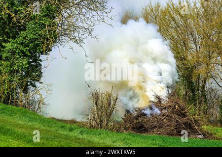 Waste tree branches being burned on farmland with lot of white smoke - central France. Stock Photo