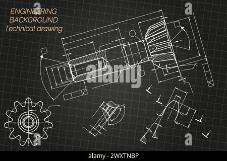 Mechanical engineering drawings on black background. Tap tools, borer. Technical Design. Cover. Blueprint. Vector illustration. Stock Vector