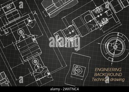 Mechanical engineering drawings on black background. Tap tools, borer. Technical Design. Cover. Blueprint. Vector illustration. Stock Vector