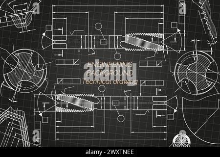 Mechanical engineering drawings on black background. Tap tools, borer. Technical Design. Cover. Blueprint. Vector illustration. Stock Vector