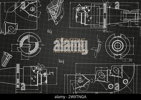 Mechanical engineering drawings on black background. Tap tools, borer. Technical Design. Cover. Blueprint. Vector illustration. Stock Vector