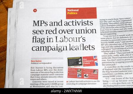 'MP's and activists see red over union flag in Labour 's campaign leaflets' Guardian newspaper headline election article 30 March 2024 London UK Stock Photo