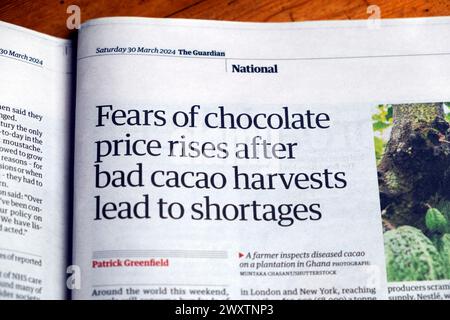 'Fears of chocolate price rises after bad cacao harvests lead to shortages' Guardian newspaper headline article 30 March 2024 London UK Stock Photo