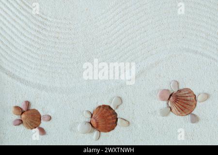 Sandy beach texture. Turtles made from shells and pebbles. Natural textured background. Top view, flat lay. Stock Photo