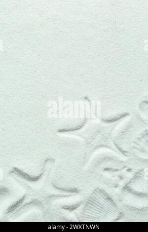 Sandy beach texture with imprints of shells and starfish. Natural textured background. Top view, flat lay. Stock Photo