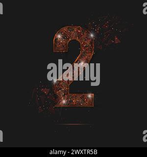 Abstract isolated orange image of a number two. Polygonal illustration looks like stars in the blask night sky in spase or flying glass shards Stock Vector