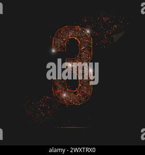 Abstract isolated orange image of a number three. Polygonal illustration looks like stars in the blask night sky in spase or flying glass shards Stock Vector
