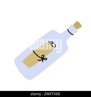 Pirate childish adventure bottle with letter message. SOS signal and rescue symbol icon. Doodle illustration with paper scroll in bottle. Cartoon illu Stock Vector
