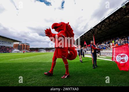 Leyton Orient mascot Theo the Wyvern ahead of the Sky Bet League One match at the Gaughan Group Stadium, London. Picture date: Monday April 1, 2024. Stock Photo