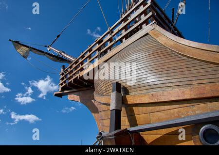 Replica of the bow of the caravel Santa Maria where Christopher Columbus traveled in the discovery of America docked in Baiona, Pontevedra, Spain Stock Photo
