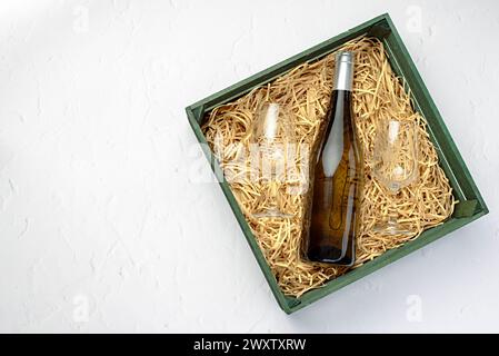 Blank food photography of  white wine in box, wineglass; bottle; Chardonnay, Sauvignon, blanc, Riesling, winery; drink Stock Photo