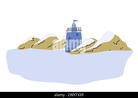 Cute blue lighthouse on sea beach with mountain rocks - seascape cartoon illustration. Vector illustration of beautiful light house and rocks on coast Stock Vector