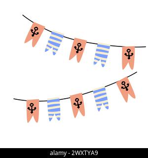 Set of nautical vector bunting garlands in blue, red and black colors for greeting cards, invitations and scrapbooking designs. Vector illustration of Stock Vector