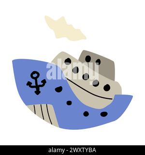 Hand drawn ship or boat in blue color doodle vector icon isolated. Vector illustration can used for baby boy shower in nautical style, poster or cards Stock Vector