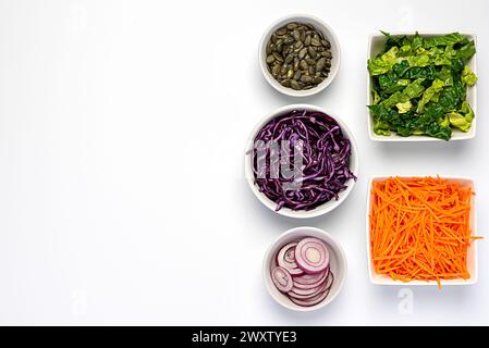 Blank food photography of ingredients of vegetable salad, vegan, sliced, romaine, lettuce, carrot, red cabbage, onion, pumpkin, seed, slice, green, or Stock Photo