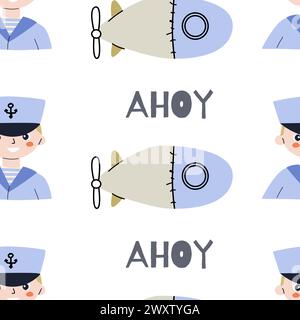 Cute marine baby seamless pattern with nautical underwater boat or submarine. Seamless vector sea print for textile, fabric, nursery. Vector illustrat Stock Vector