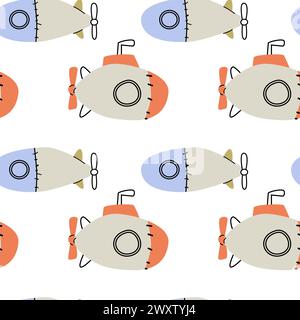 Cute marine baby pattern with submarine. Seamless vector sea print for textile, fabric, nursery. Vector illustration. Stock Vector