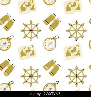 Cute marine baby pattern with compass and golden nautical elements. Seamless vector sea print for textile, fabric, nursery. Vector illustration of boa Stock Vector