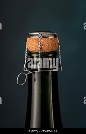 Macro photography of sparkling wine; bottle, cork; champagne; bubble; design; winery; drink; background; celebration; romance; bar, restaurant, concep Stock Photo