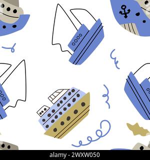 Cute marine baby pattern with ship and boats nautical elements. Seamless vector sea print for textile, fabric, nursery. Vector illustration. Stock Vector