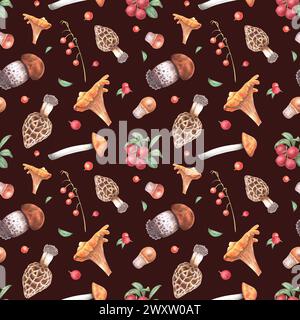 Seamless autumn pattern with mushrooms and berries on the background. For fabrics, packaging paper, printing, design Stock Photo