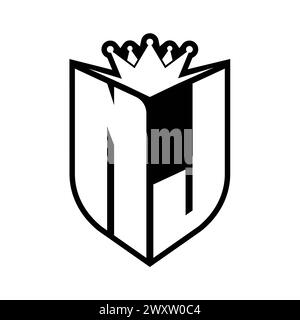 NJ Letter bold monogram with shield shape and sharp crown inside shield black and white color design template Stock Photo