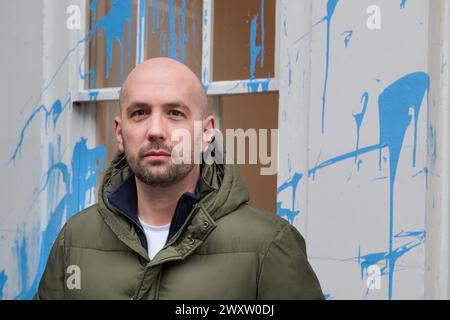 Edinburgh Scotland, UK 02 April 2024.  MSP Ben Macpherson outside his constituency office in Leith which was vandalised with blue paint.  credit sst/alamy live news Stock Photo