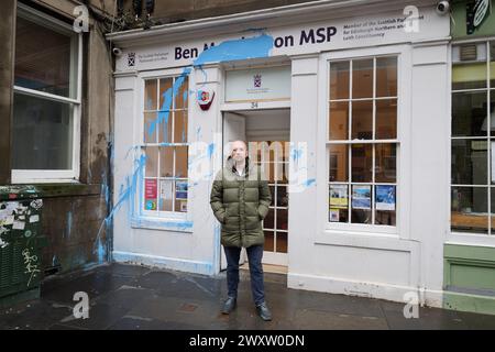 Edinburgh Scotland, UK 02 April 2024.  MSP Ben Macpherson outside his constituency office in Leith which was vandalised with blue paint.  credit sst/alamy live news Stock Photo
