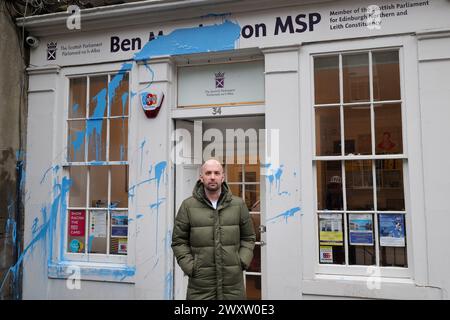 Edinburgh Scotland, UK 02 April 2024.  MSP Ben Macpherson outside his constituency office in Leith which was vandalised with blue paint.  credit sst/alamy live news Stock Photo