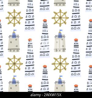 Cute marine baby pattern with lighthouses nautical elements. Seamless vector sea print for textile, fabric, nursery. Vector illustration of lighthouse Stock Vector