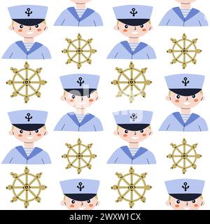 Cute marine baby pattern with sailor boy and wheel. Seamless vector sea print for textile, fabric, nursery. Vector illustration of boy. Stock Vector