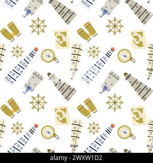 Marine baby nautical elements seamless pattern. Vector illustration of lighthouses, map and wheel. For textile, poster, backdrop. Stock Vector