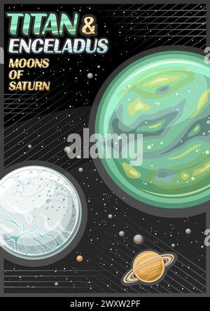 Vector Poster for Saturn Moons, vertical banner with rotating titan and enceladus, around saturn planet on dark starry background, fantasy cosmo leafl Stock Vector