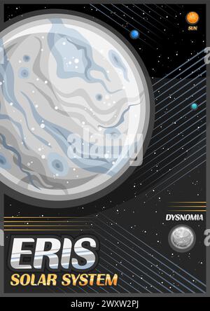 Vector Poster for dwarf planet Eris, vertical banner with illustration of rotating moon Dysnomia, around grey stone planet on black starry background, Stock Vector