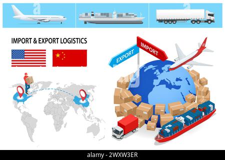 Global Logistics Network isometric, delivery and shipping business cargo truck. Air cargo trucking, rail transportation, maritime shipping, Vehicles Stock Vector