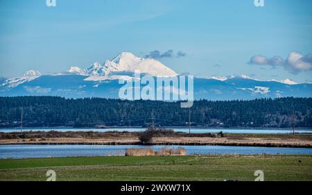 A view of Mount Baker from near Anacotes, Washington. Stock Photo