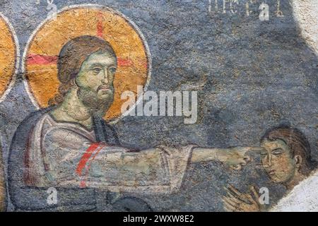 Fresco painting of the Healing of the Blind man, Prizren, 14th century, National Museum, Belgrade, Serbia Stock Photo