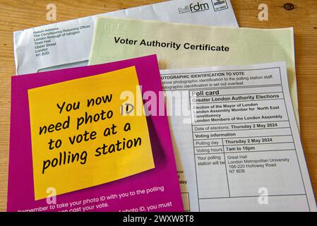Voter Authority Certificate with poll card and leaflet on  voter ID needed for elections. Election of the Mayor of London 2nd May 2024, England, Brita Stock Photo
