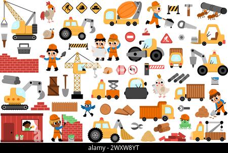 Big vector construction site and road work set. Building icons collection with funny kid builders, transport, bulldozer, tractor, truck, crawler crane Stock Vector
