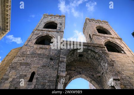 Cityscape of Genoa: Porta Soprana City Gate. Stock Photo