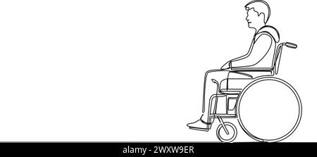 continuous single line drawing of young man in wheelchair, line art vector illustration Stock Vector