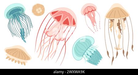 Jellyfish cartoon icon collection. Medusa trendy flat style icon set. Isolated on white background. Vector illustration Stock Vector