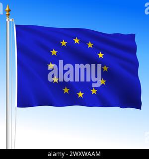 European Union waving flag, vector illustration on the blue sky background Stock Vector