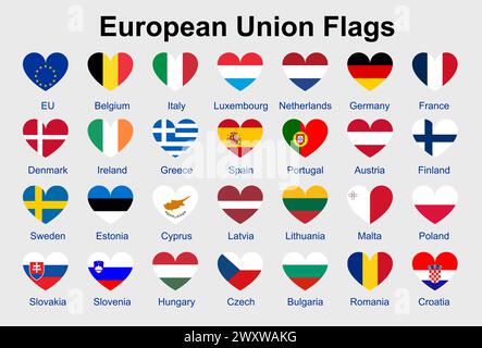 European Union flag vector icons set in the shape of heart. EU flag illustration Stock Vector