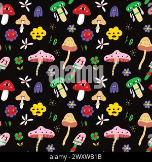 Y2k acid mushrooms seamless pattern on black background. Perfect for texture and textile, typography Stock Vector