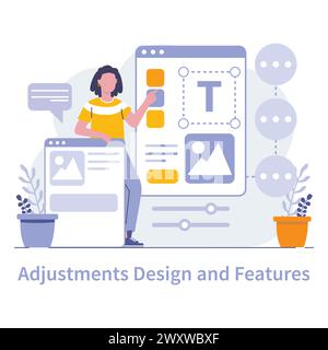 Adjustment design concept. A designer iterates on product features, using feedback analysis to enhance user interface and experience. Precision in digital editing. Vector illustration. Stock Vector