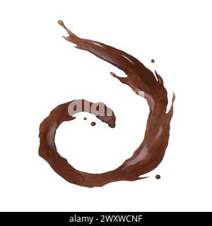 Splashing and whirl chocolate liquid for design drawn in watercolor isolated on a white background for cards, posters, invitations, labels, menus. Stock Photo