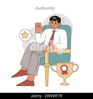 Authority in Task Delegation concept. Confident leader with a star rating and trophy, symbolizing successful management and accomplishment. Vector illustration. Stock Vector