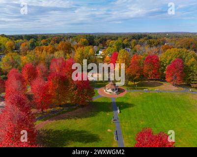 Bellingham Town Common aerial view in fall with maple trees at the ...